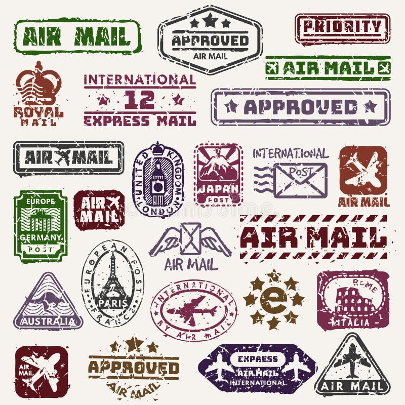 Vector vintage postage mail stamps retro delivery badge plane, train transport stickers collection grunge stamps print vector illustration