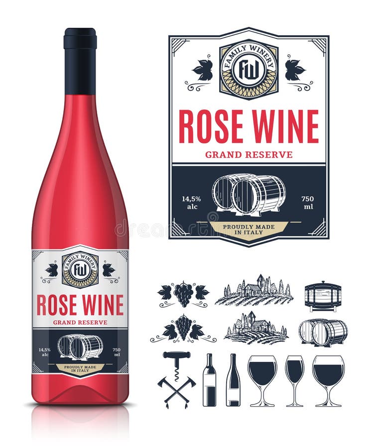 Download Vector Vintage Rose Wine Label And Wine Bottle Mockup Stock Vector - Illustration of retro ...