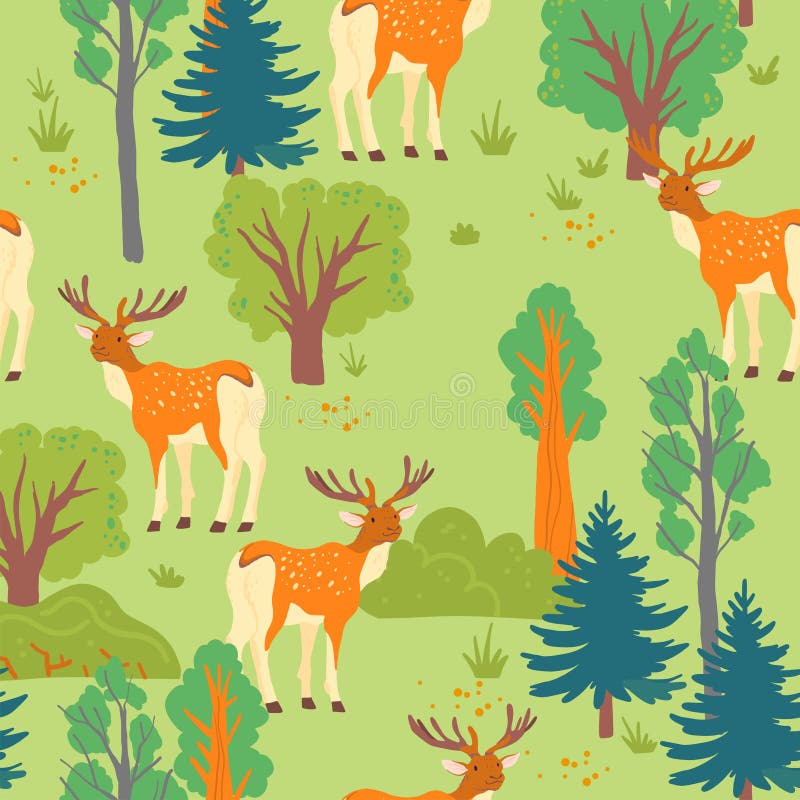 Vector vlak naadloos patroon met wild bos: bomen, struik en hertendier op groene achtergrond wordt geïsoleerd die royalty-vrije illustratie Vector vlak naadloos patroon met wild bos: bomen, struik en hertendier op groene achtergrond wordt geïsoleerd die royalty-vrije illustratie