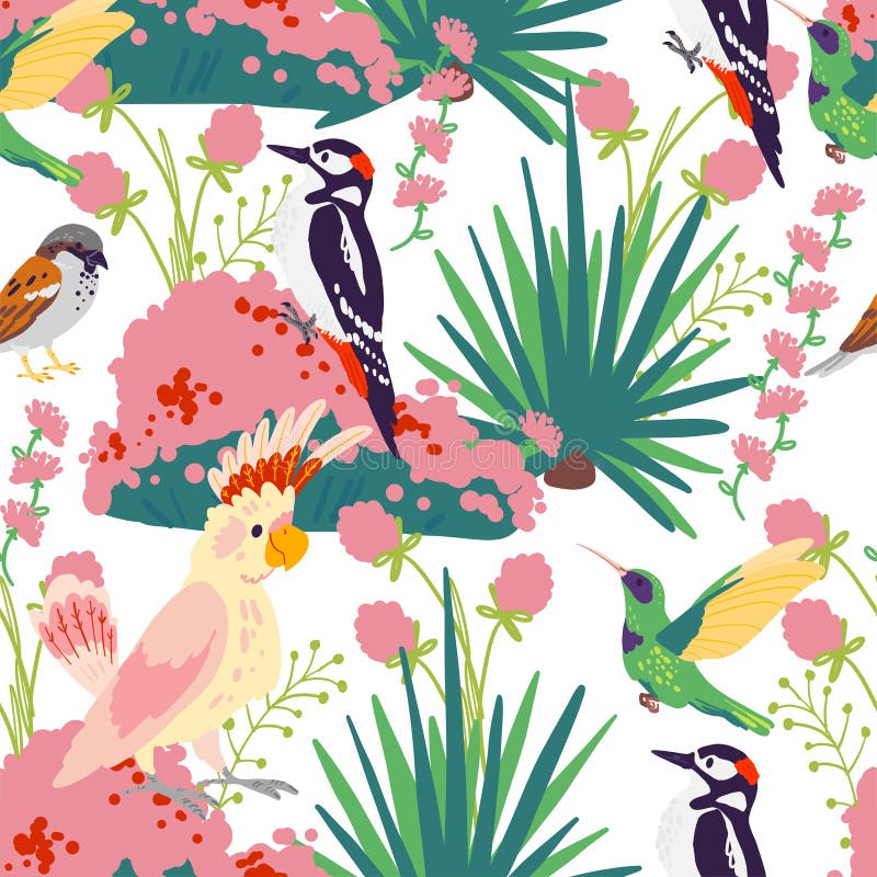 Vector vlak naadloos tropisch patroon met hand getrokken wildernisinstallaties, exotische vogels en bloemen wilde die aardelement royalty-vrije illustratie Vector vlak naadloos tropisch patroon met hand getrokken wildernisinstallaties, exotische vogels en bloemen wilde die aardelement royalty-vrije illustratie