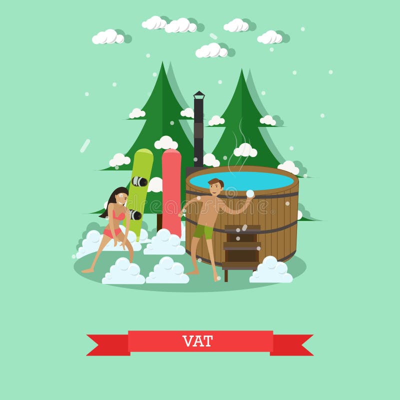 Vector illustration of wooden barrel vat with hot water, young couple snowboarders in swimsuits playing snowballs. Outdoors winter fun design element in flat style. Vector illustration of wooden barrel vat with hot water, young couple snowboarders in swimsuits playing snowballs. Outdoors winter fun design element in flat style.