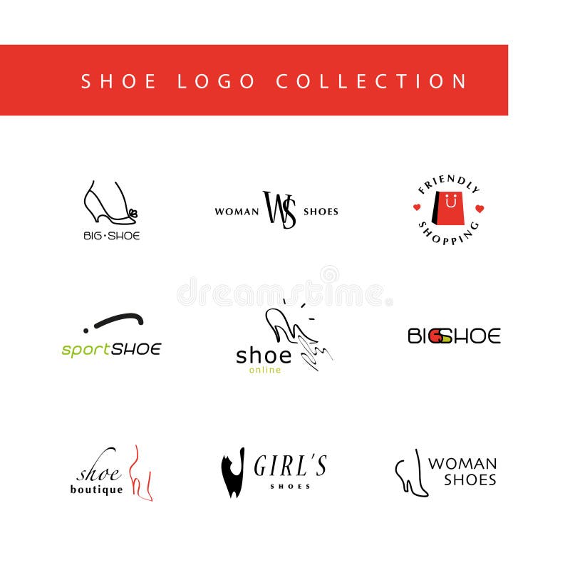Vector vlakke inzameling van modieus modern schoenembleem voor vrouwen, mannen en jonge geitjes vector illustratie Vector vlakke inzameling van modieus modern schoenembleem voor vrouwen, mannen en jonge geitjes vector illustratie