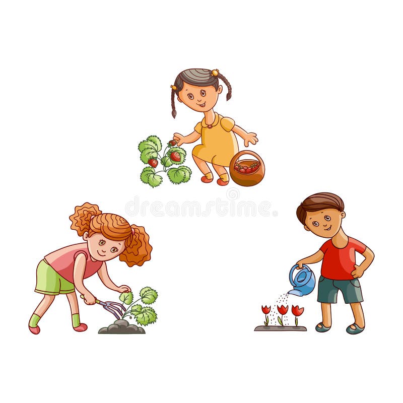 Vector vlakke kinderen in tuinscènes geplaatst geïsoleerd vector illustratie Vector vlakke kinderen in tuinscènes geplaatst geïsoleerd vector illustratie