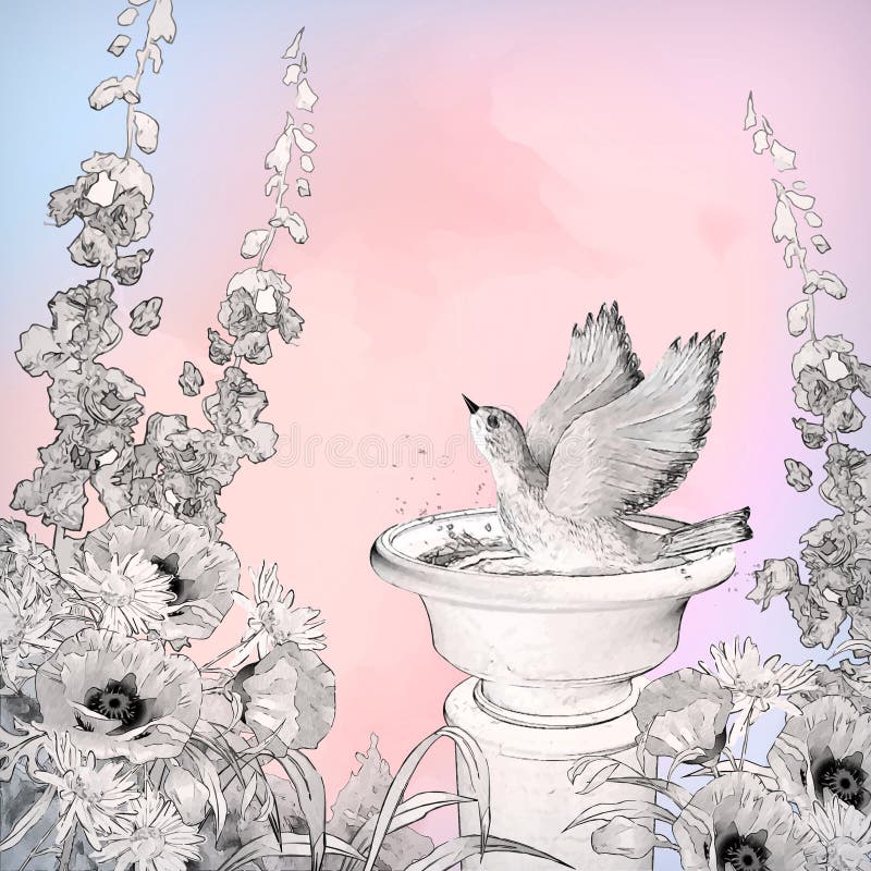 Vector Watercolor Bird Bath Sketch Flowers stock illustration Vector Watercolor Bird Bath Sketch Flowers stock illustration