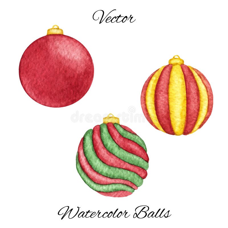 Vector watercolor christmas balls of red, green and yellow colors set isolated on the white background.