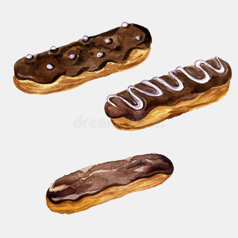 Vector watercolor drawing eclairs. Vector chocolate glazed eclairs drawing in watercolor, sweet cakes, bakery at white background, hand drawn illustration vector illustration Vector watercolor drawing eclairs. Vector chocolate glazed eclairs drawing in watercolor, sweet cakes, bakery at white background, hand drawn illustration vector illustration
