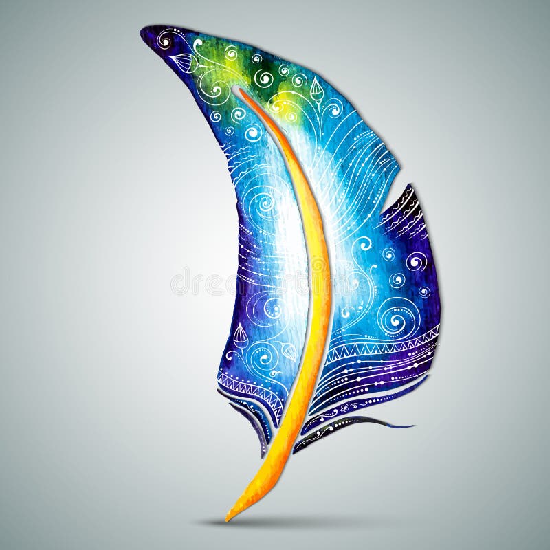 Vector watercolor feather with doodle pattern.