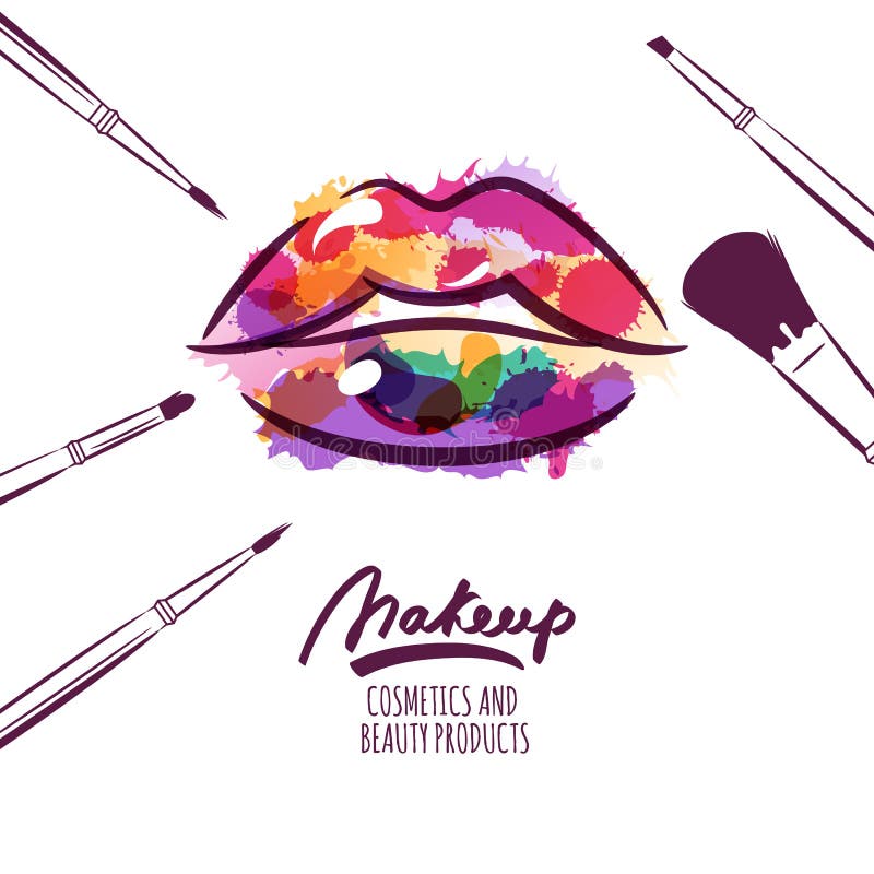 Vector watercolor hand drawn illustration of colorful womens lips and makeup brushes. stock illustration Vector watercolor hand drawn illustration of colorful womens lips and makeup brushes. stock illustration