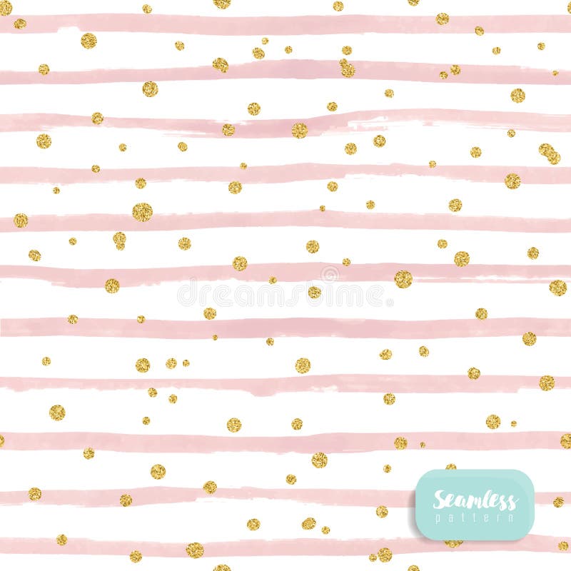 Vector watercolor pink stripes, with gold glitter circle on white background. Seamless pattern.