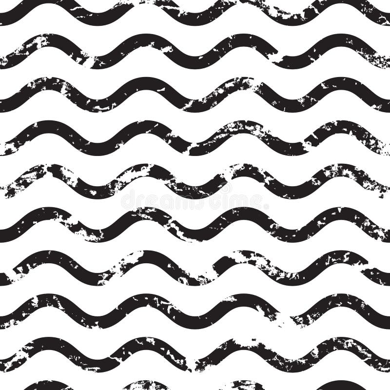 Vector wavy line grunge seamless pattern. Abstract black and white old texture background stock illustration