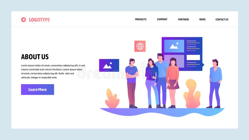 Vector web site design template. About Us company and team information page. Landing page concepts for website and stock illustration