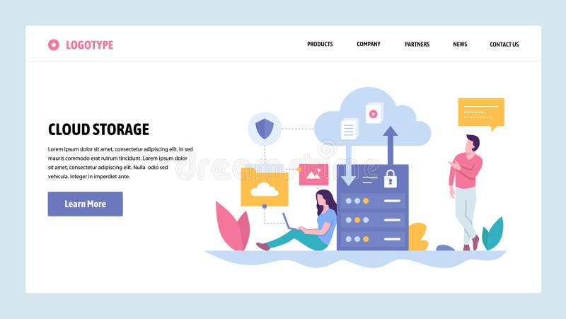 Vector web site gradient design template. Cloud storage server technology. Secure data upload and download. Landing page vector illustration