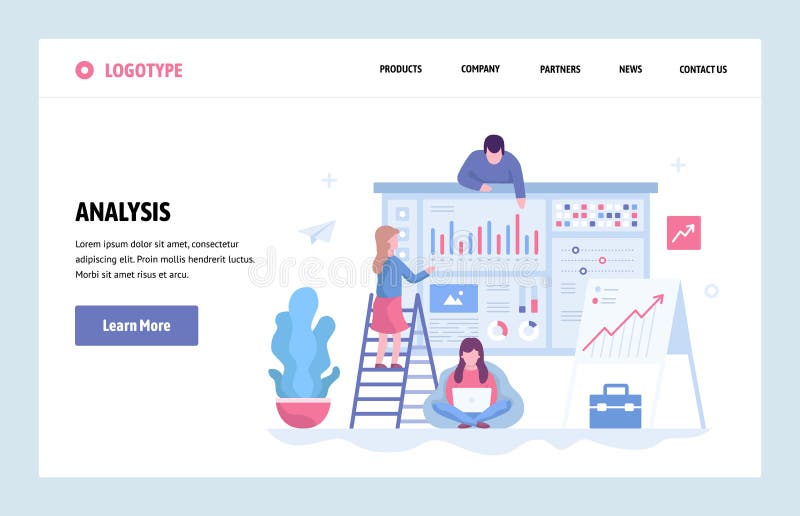 Vector web site linear art design template. Business team do data analysis using finance chart and dashboard. Landing royalty free illustration