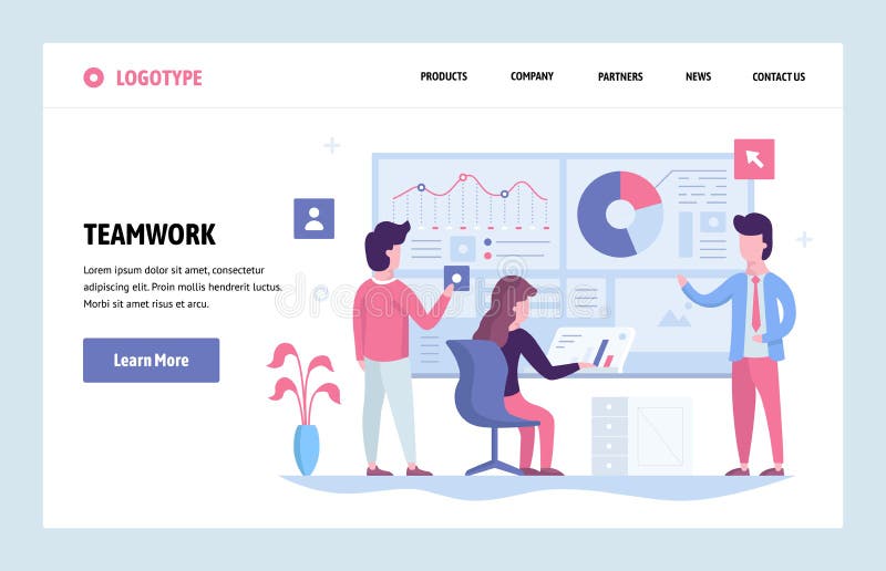 Vector web site linear art design template. Business team working together with finance dashboard in office. Landing stock illustration