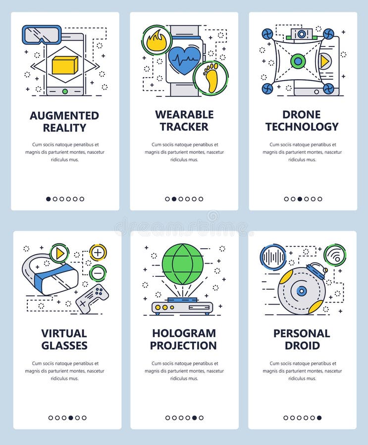 Vector web site linear art onboarding screens template. Augmented virtual reality and VR games. Wearable gadgets and stock illustration