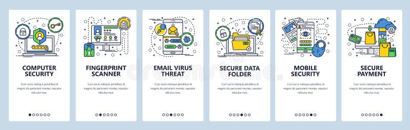 Vector web site linear art onboarding screens template. Cyber security and computer encryption. Secure login, data vector illustration