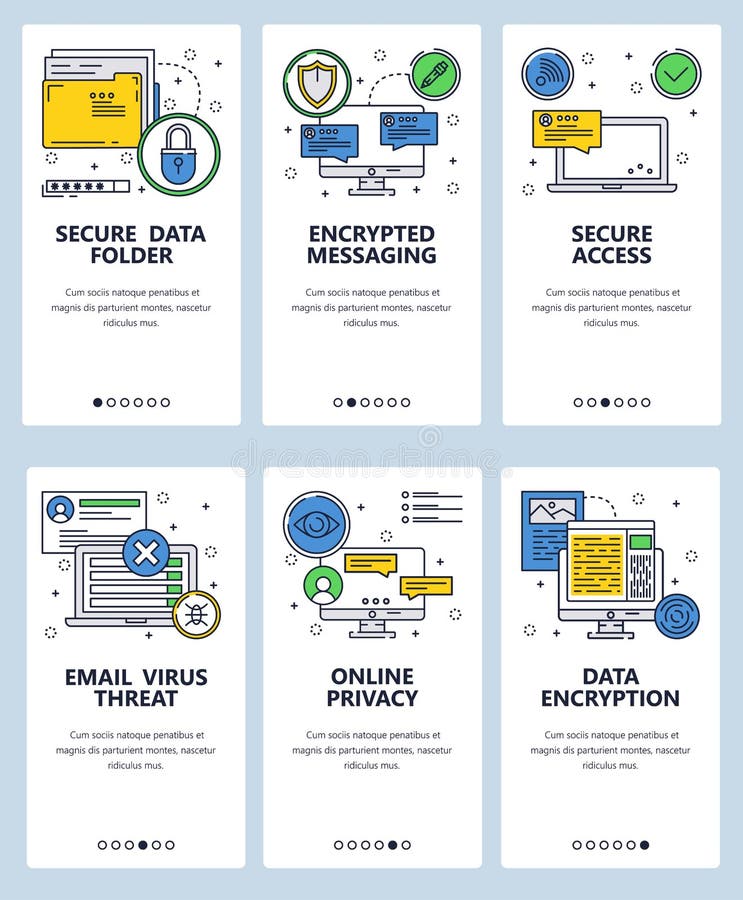 Vector web site linear art onboarding screens template. Cyber security and encrypted messaging app. Secure data and royalty free illustration