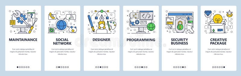 Vector web site linear art onboarding screens template. Designer, website coding, business security. Menu banners for royalty free illustration