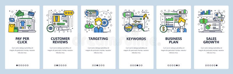 Vector web site linear art onboarding screens template. Digital marketing and online advertising. Pay per click ads stock illustration