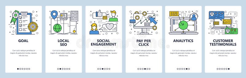 Vector web site linear art onboarding screens template. Digital marketing, SEO, PPC and social analytics. Customer royalty free illustration