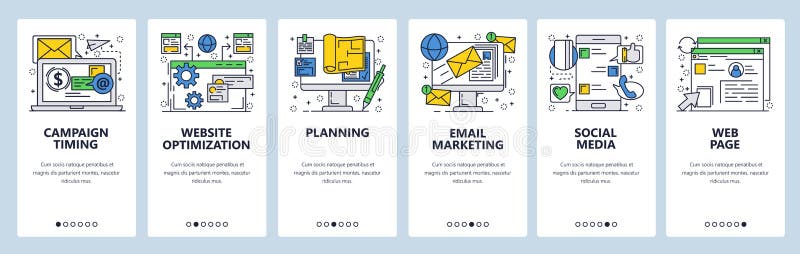 Vector web site linear art onboarding screens template. Email marketing, customer chat support, website optimization and royalty free illustration