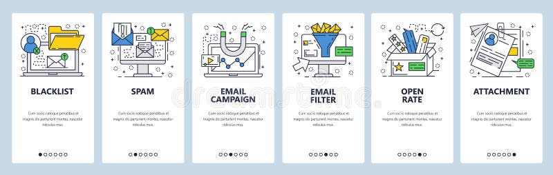 Vector web site linear art onboarding screens template. Email marketing, spam, filter, open rate. Menu banners for stock illustration