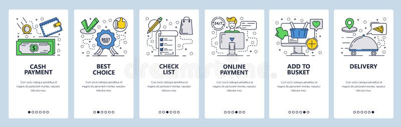 Vector web site linear art onboarding screens template. Online money payments and shopping. Menu banners for website and vector illustration Vector web site linear art onboarding screens template. Online money payments and shopping. Menu banners for website and vector illustration