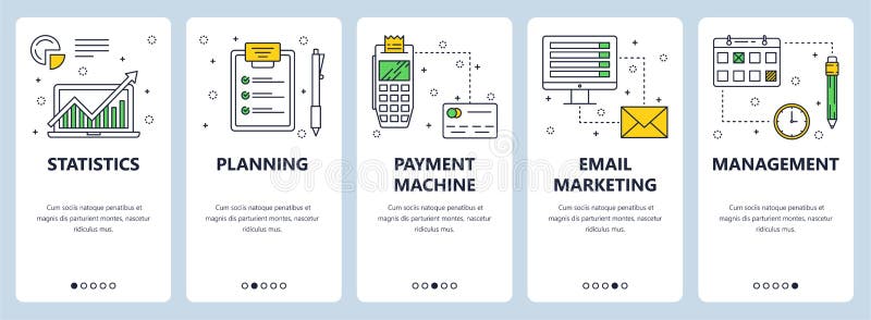 Vector web site linear art onboarding screens template. Statistic, planing and marketing icons. Menu banners for website vector illustration