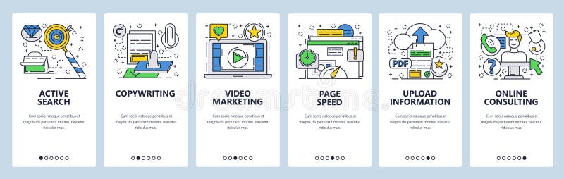 Vector web site linear art onboarding screens template. Video marketing, upload files and online customer service. Menu stock illustration