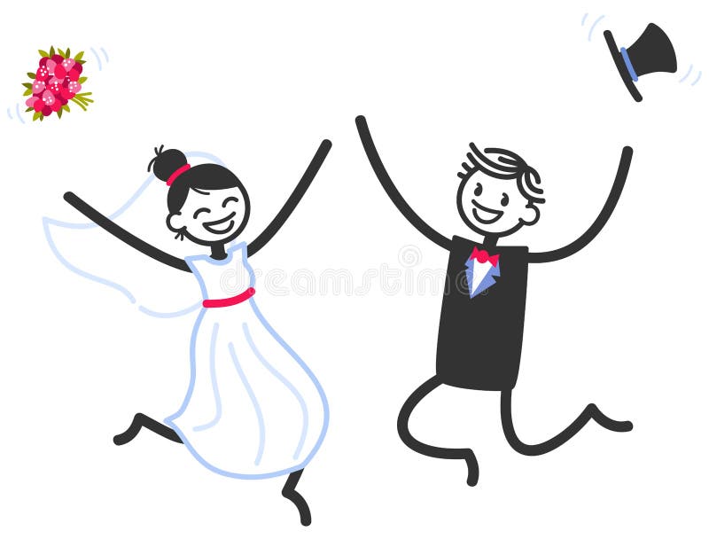 Vector wedding illustration of happy stick figures bridal couple jumping and celebrating