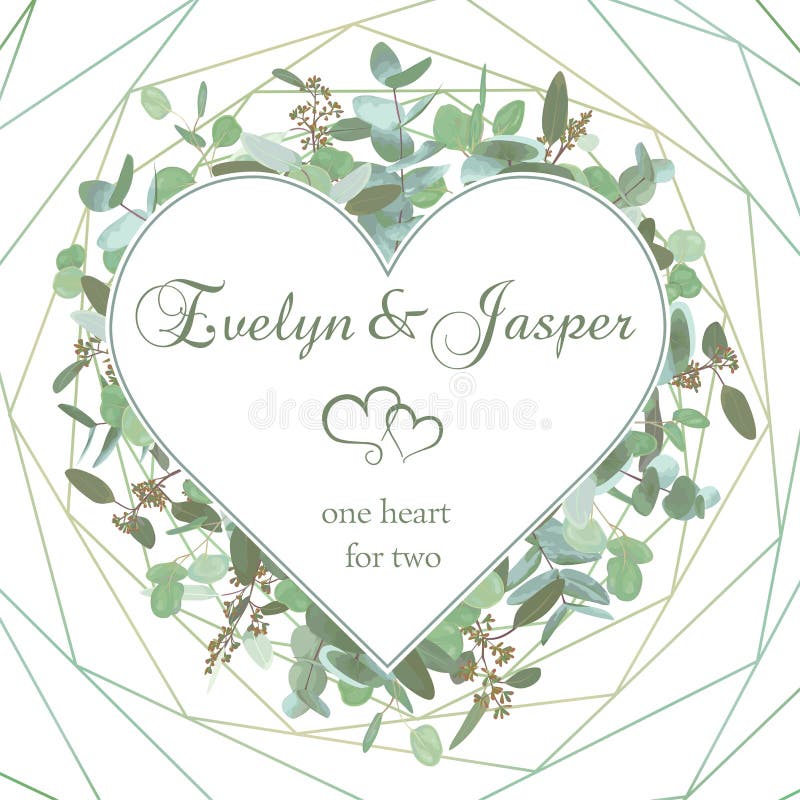 Vector wedding invitation flyer. Square valentine heart frame with set branches and leaves eucalyptus gunnii, silver dollar