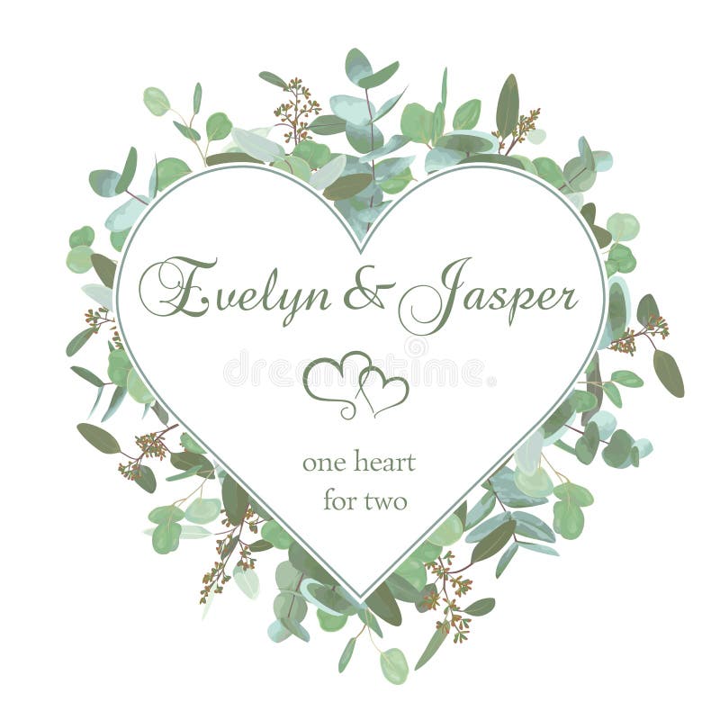 Vector wedding invitation flyer. Square valentine heart frame with set branches and leaves eucalyptus gunnii, silver dollar
