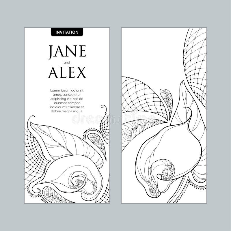 Vector Wedding Invitation With Outline Bouquet Calla Lily Flower Or Zantedeschia In Black And Free Calla Wedding Program Templates