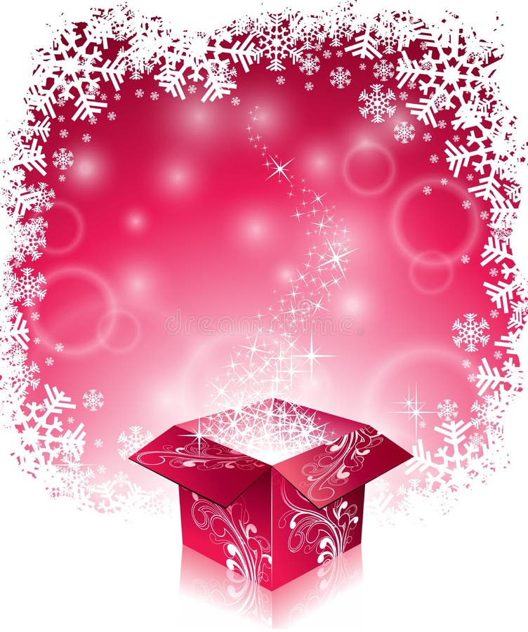 Vector Weihnachtsillustration mit typografischem Design und glänzende magische Geschenkbox auf Schneeflockenhintergrund stock abbildung Vector Weihnachtsillustration mit typografischem Design und glänzende magische Geschenkbox auf Schneeflockenhintergrund stock abbildung