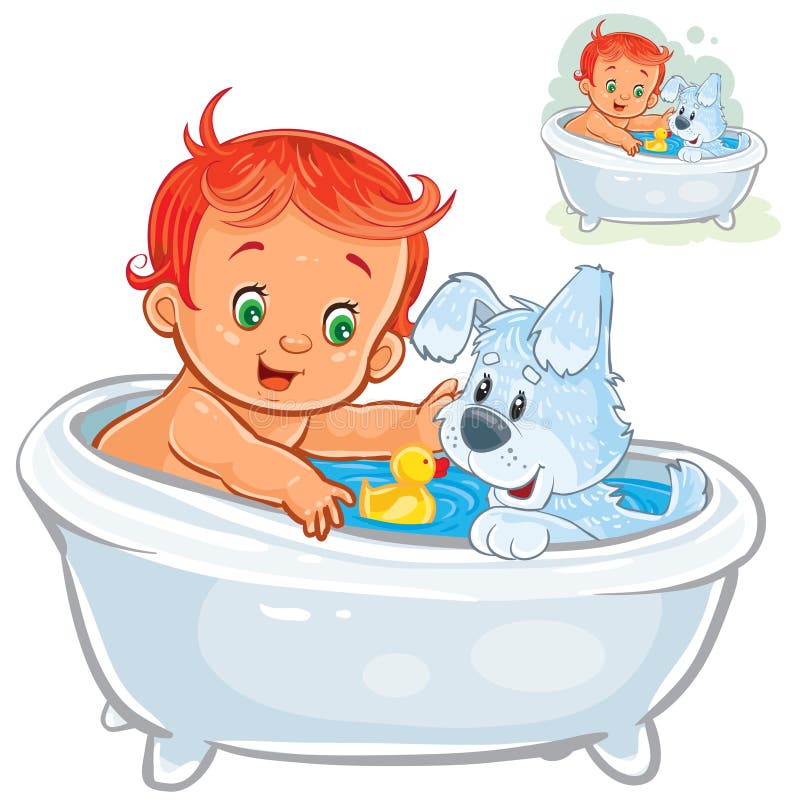 Vector weinig baby die een bad nemen en rubbereenden samen met zijn hond spelen stock illustratie Vector weinig baby die een bad nemen en rubbereenden samen met zijn hond spelen stock illustratie