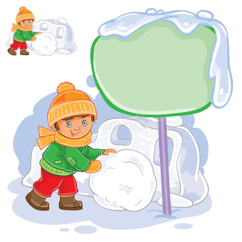Vector weinig jongen die een sneeuwbal rollen en een sneeuwvesting bouwen stock illustratie Vector weinig jongen die een sneeuwbal rollen en een sneeuwvesting bouwen stock illustratie