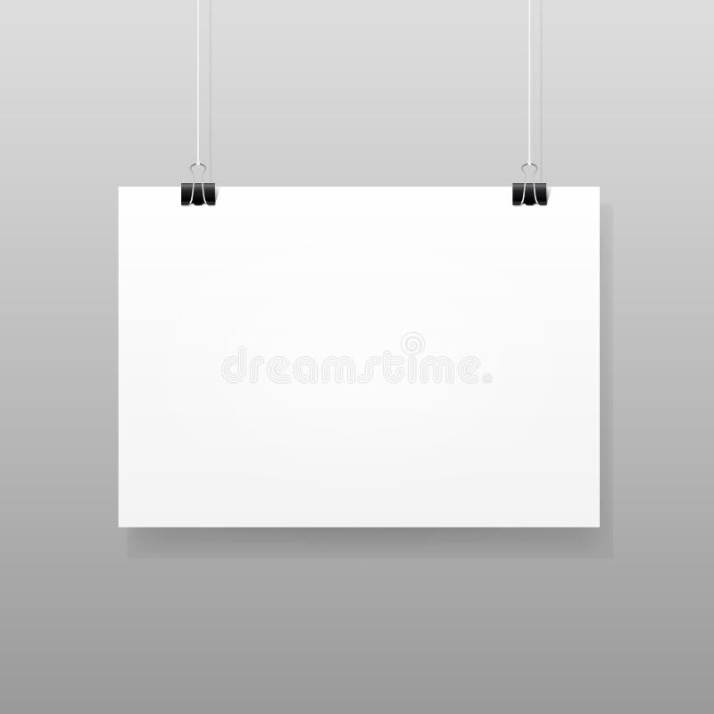 Poster Mockup. Vector Mock Up Blank Paper Hanging on Office Clip. Paper