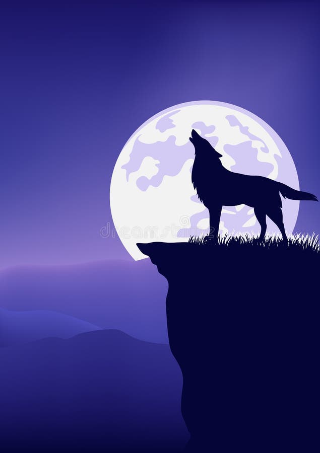 Vector wilderness landscape with howling wolf and full moon disk