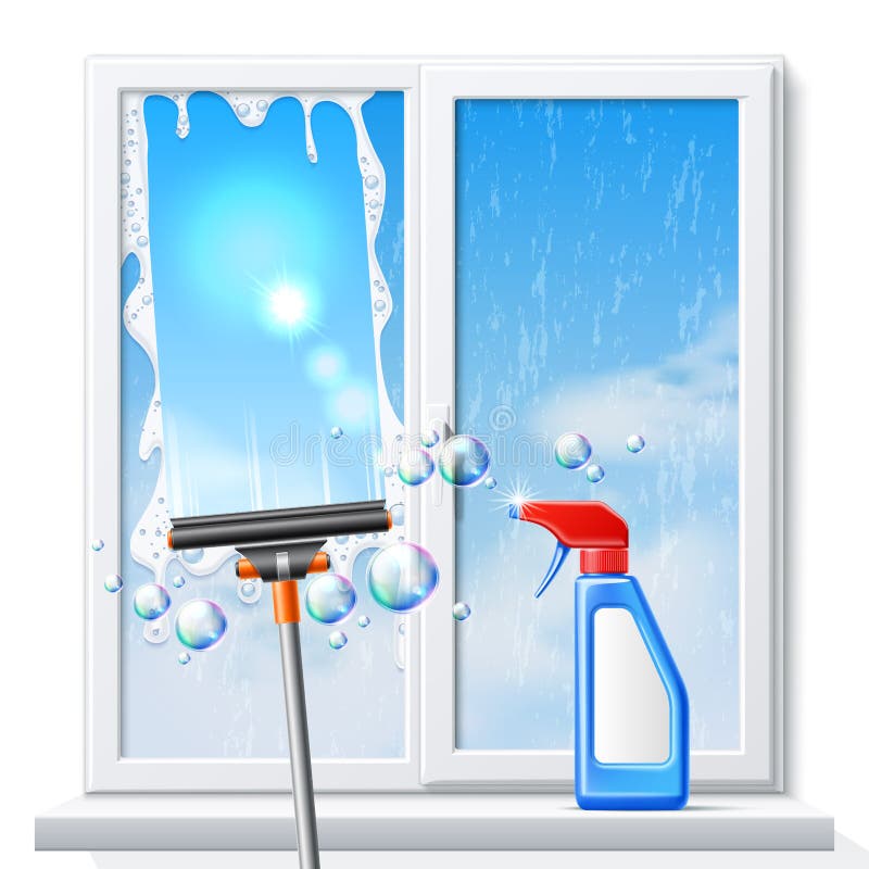 Vector Window Cleaning Squeege 3d Detergent Spray Stock Vector