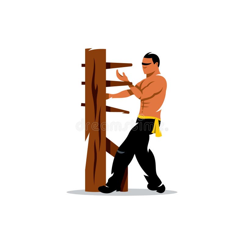 Vector Wing Chun kung fu Man at a wooden dummy. Cartoon Illustration.