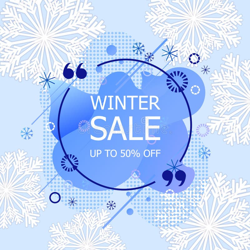 Vector Winter Sale Banner, Paper Art Style Snowflakes, Light Blue Background, Liquid Abstract Dynamic Shapes. royalty free illustration