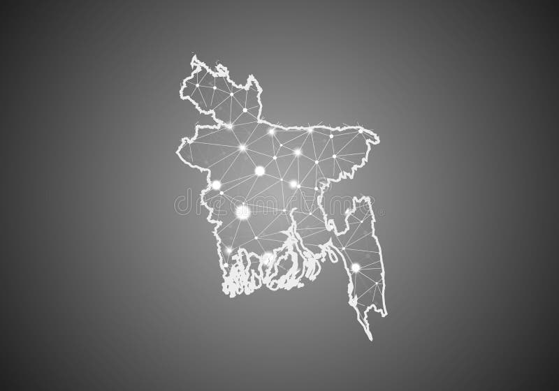 Vector wireframe mesh polygonal of bangladesh map. Abstract global connection structure. Map connected with lines and dots. royalty free illustration