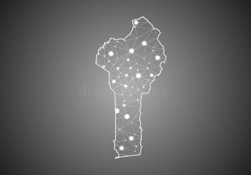 Vector wireframe mesh polygonal of benin map. Abstract global connection structure. Map connected with lines and dots. Geometric vector illustration