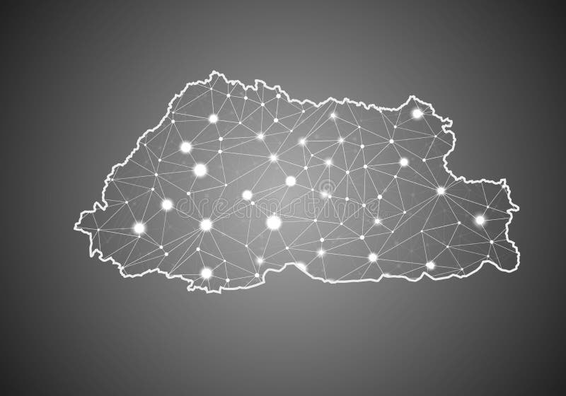 Vector wireframe mesh polygonal of bhutan map. Abstract global connection structure. Map connected with lines and dots. Geometric stock illustration