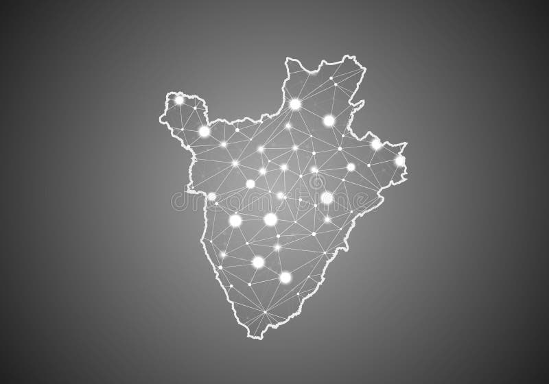 Vector wireframe mesh polygonal of burundi map. Abstract global connection structure. Map connected with lines and dots. Geometric vector illustration