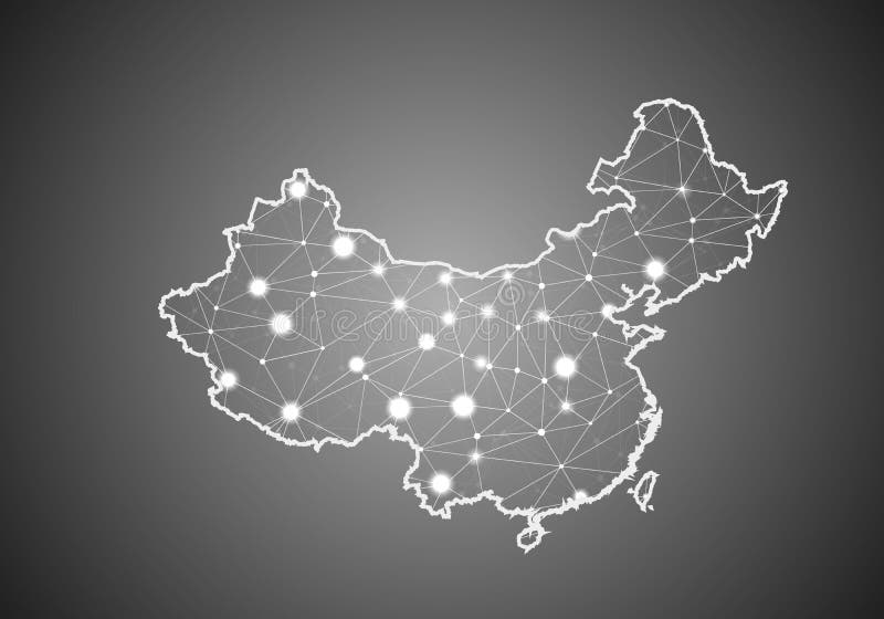 Vector wireframe mesh polygonal of china map. Abstract global connection structure. Map connected with lines and dots. Geometric stock illustration