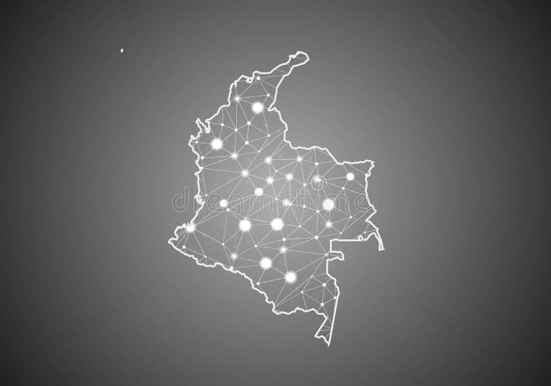 Vector wireframe mesh polygonal of colombia map. Abstract global connection structure. Map connected with lines and dots. stock illustration