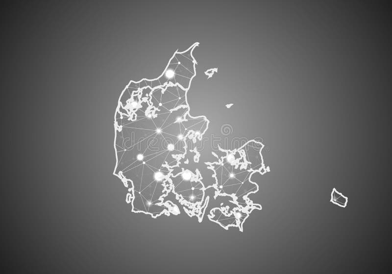 Vector wireframe mesh polygonal of denmark map. Abstract global connection structure. Map connected with lines and dots. Geometric vector illustration