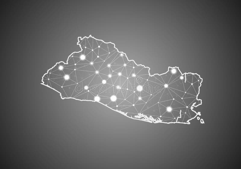 Vector wireframe mesh polygonal of el Salvador map. Abstract global connection structure. Map connected with lines and dots. royalty free illustration