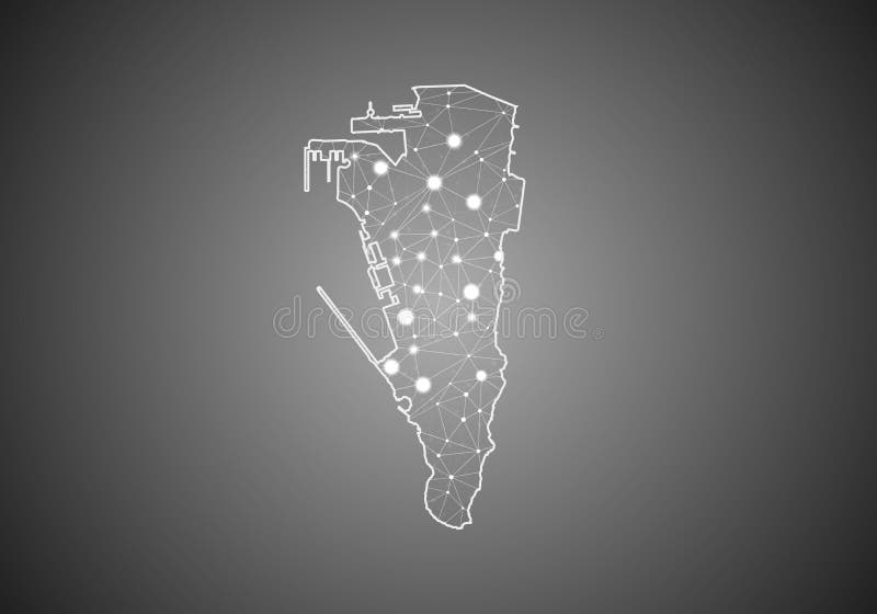 Vector wireframe mesh polygonal of gibraltar map. Abstract global connection structure. Map connected with lines and dots. royalty free illustration